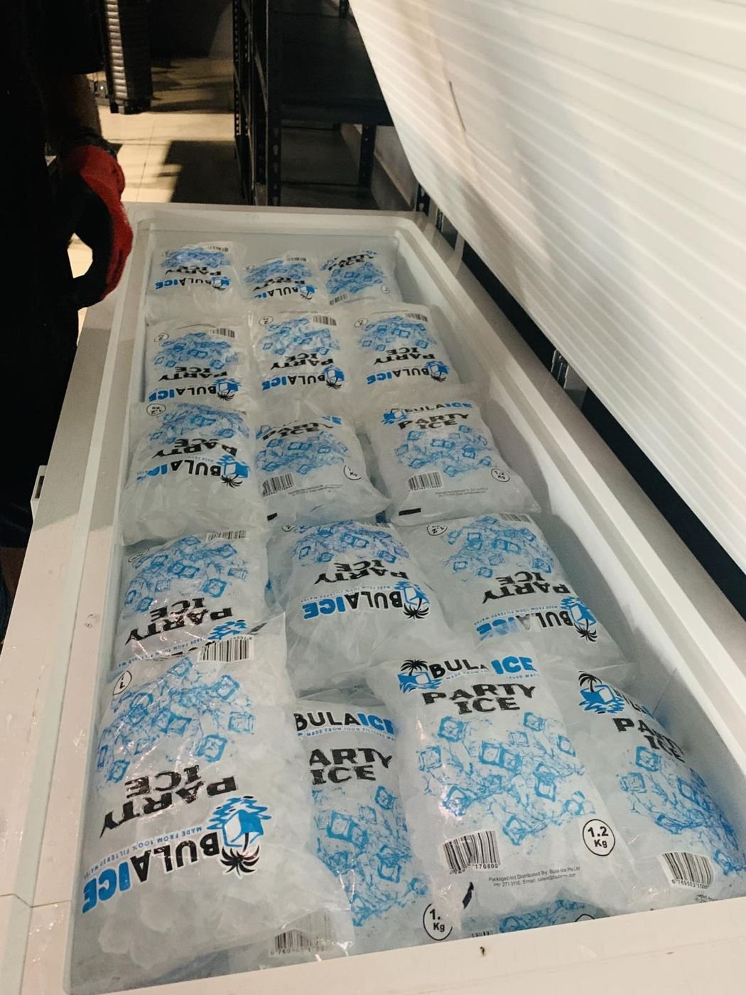 Party Ice in a store chest freezer